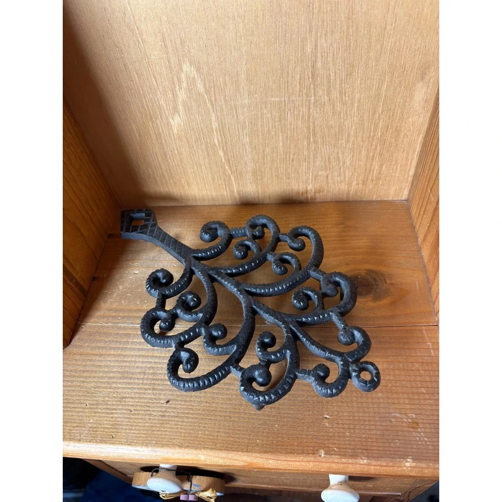 Vintage Black Cast Iron Trivet Tree of Life Scroll Filigree Kitchen Decor Footed
